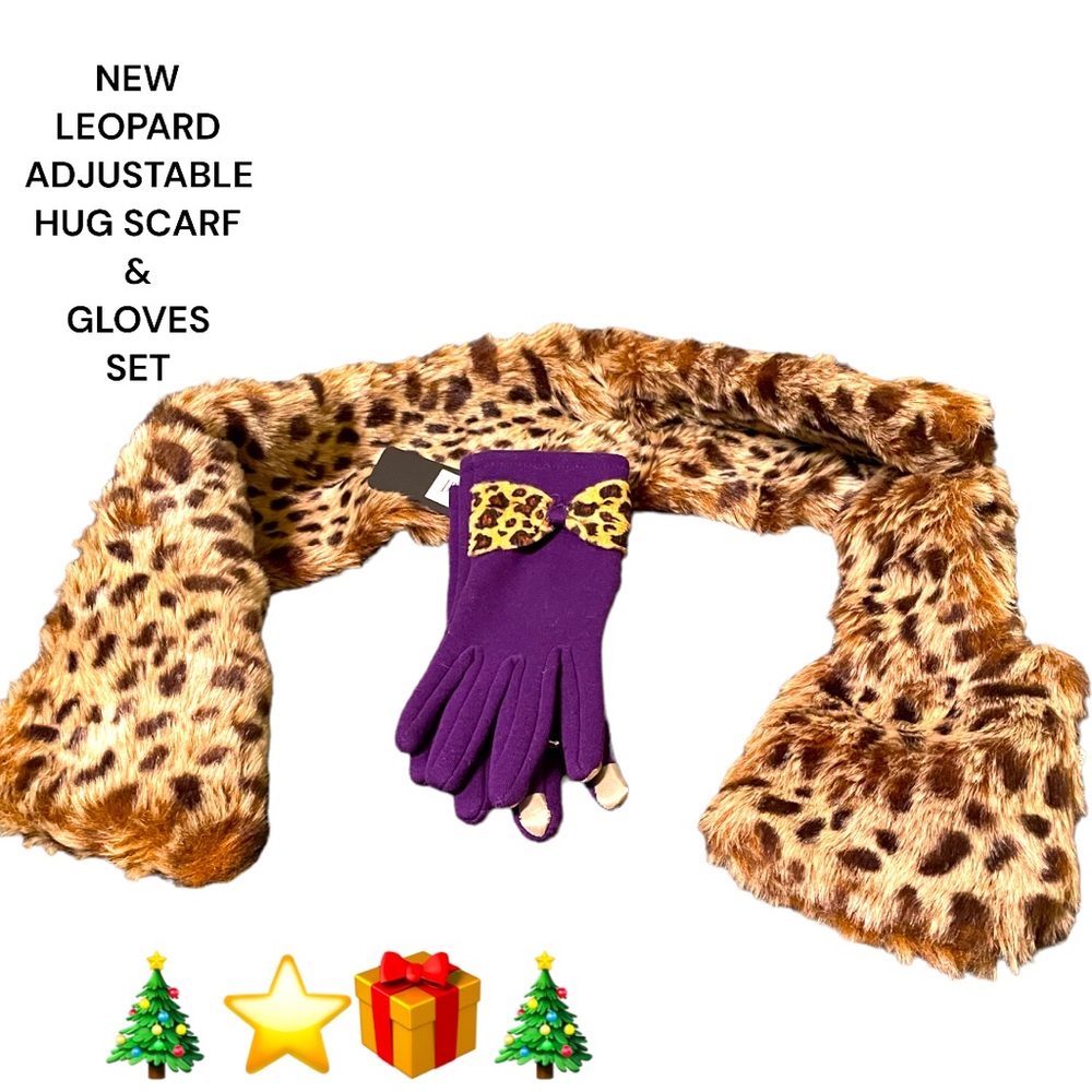 NWT SMART TOUCH PURPLE LEOPARD BOW GLOVES & VERSATILE LEOPARD HUG SCARF SOFT FUR